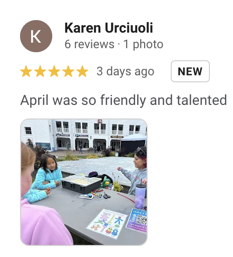 Verified 5 star Google review for April