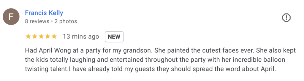 A google review verified 5 stars for Face Painters NH